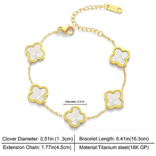 Link Bracelets for Women Girls Trendy Bracelet Cute Plated 18K Gold Lucky Adjustable Clover Link Bracelets Mother's Day Christmas Gift Jewelry (White)