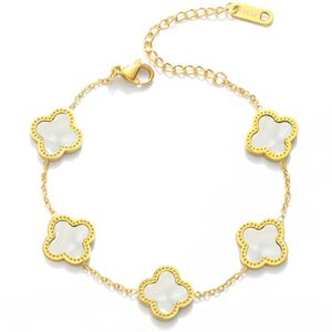 Link Bracelets for Women Girls Trendy Bracelet Cute Plated 18K Gold Lucky Adjustable Clover Link Bracelets Mother's Day Christmas Gift Jewelry (White)