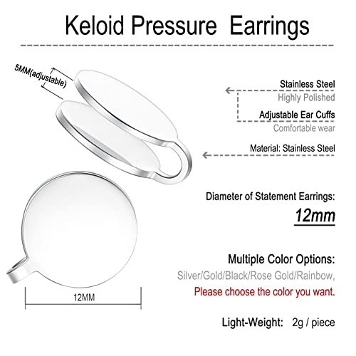 FLYUN 12MM Pressure Earring for Keloids, Keloid Earrings Pressure Clip On Earring, Ear Cuff, Stainless Steel Non-Pierced Earrings (14MM, Silver&Black&Gold)