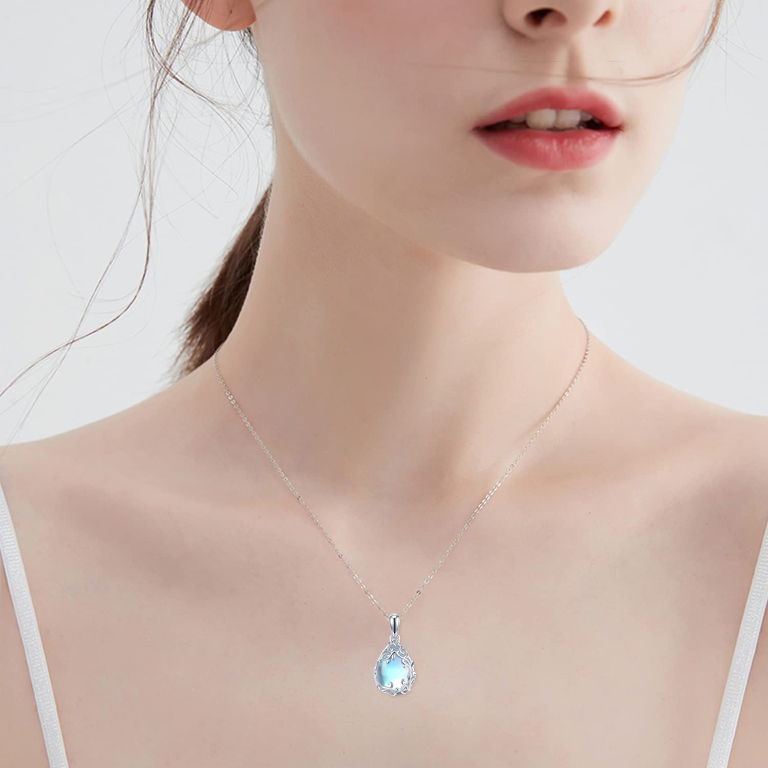 SVODEA Teardrop Moonstone Necklace for Women,925 Sterling Silver Created Water-Shaped Moonstone Cage Filigree Necklaces, Gold Plated, Moonstone