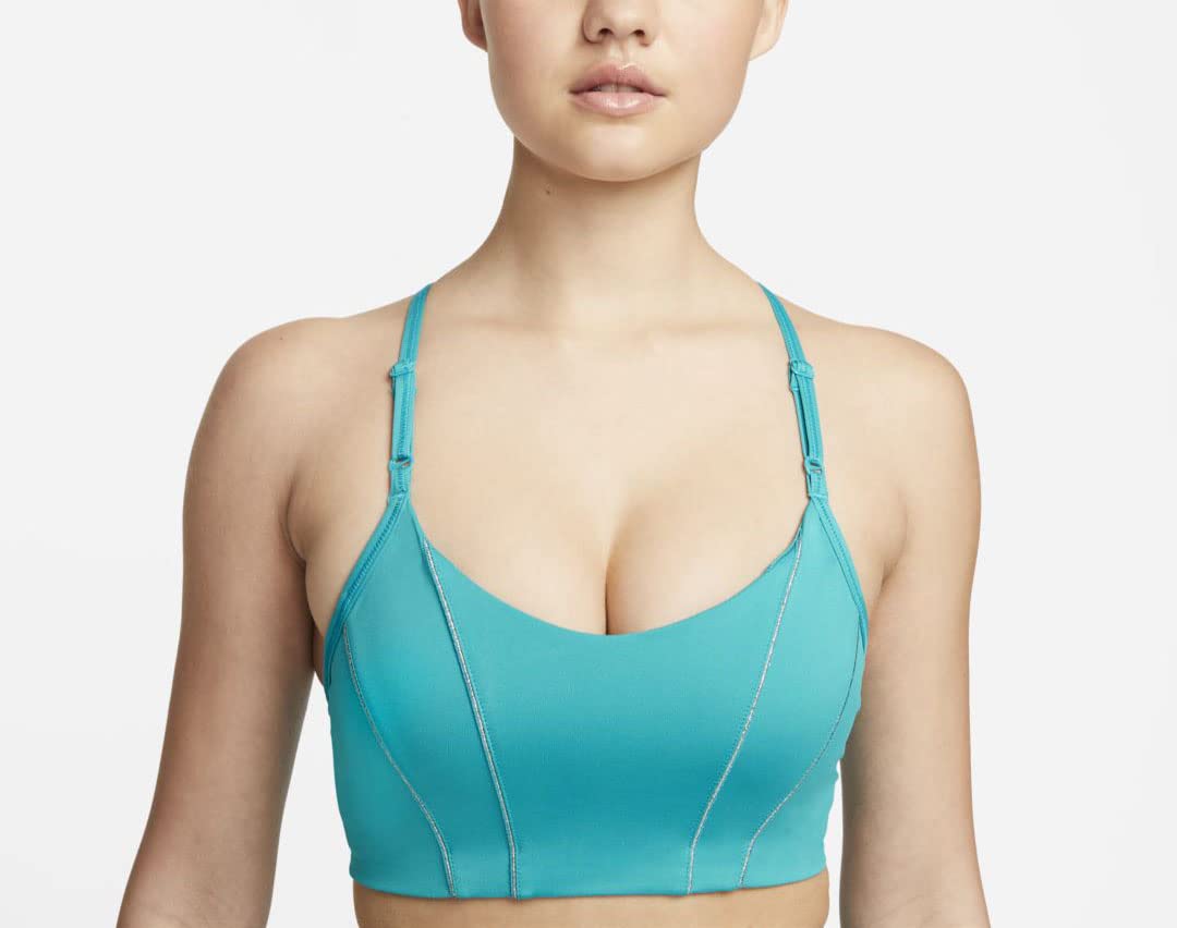 Nike Women`s Yoga Dri-FIT Indy Light-Support Padded Metallic Tape Sports Bra (A(DD1407-356)/M, Medium)