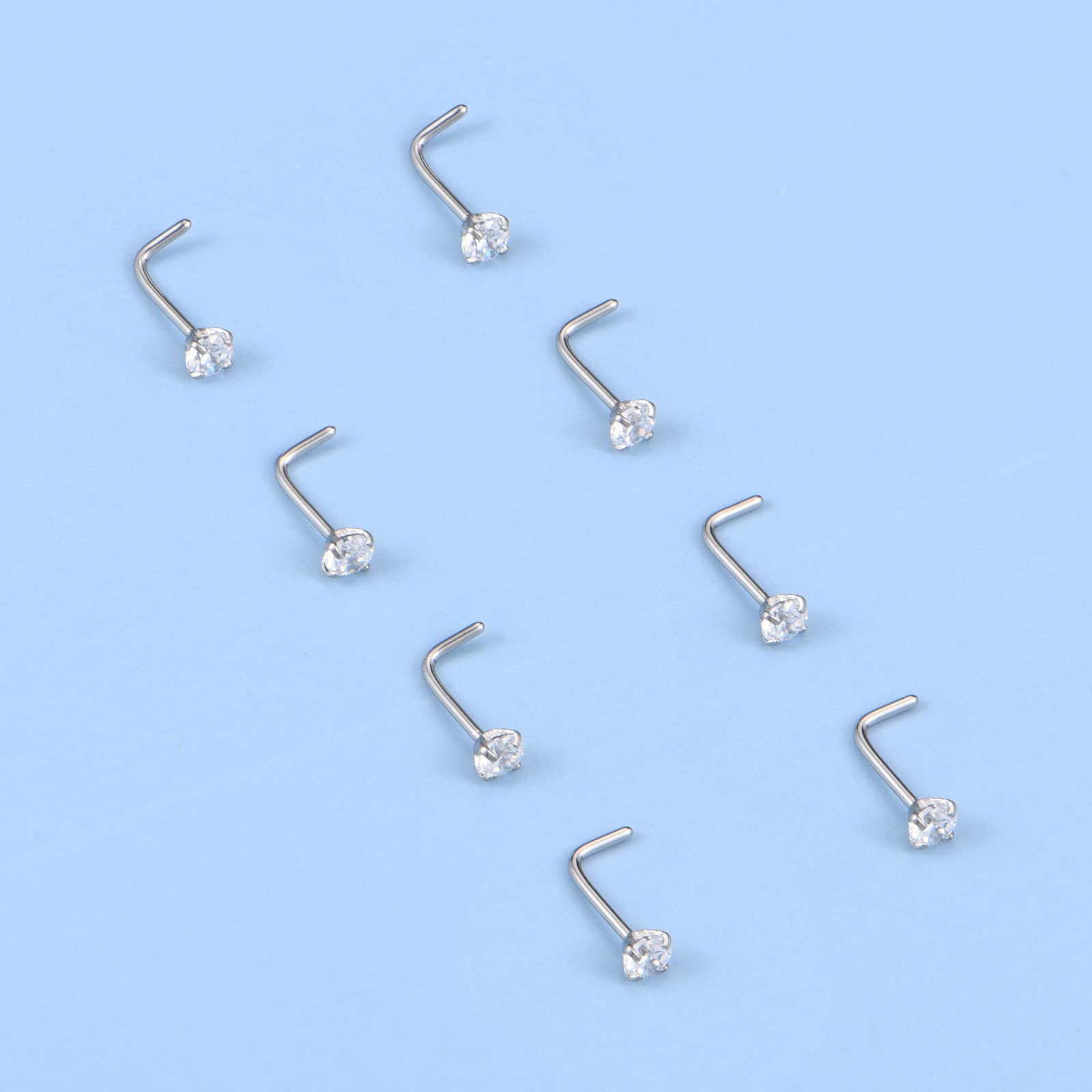 FECTAS 3mm CZ Top L Shape Nose Studs Ring 18G 20G Surgical Steel 1.5mm 2mm 2.5mm Clear CZ Silver for Women Men Girls Nostril Piercing Jewerly