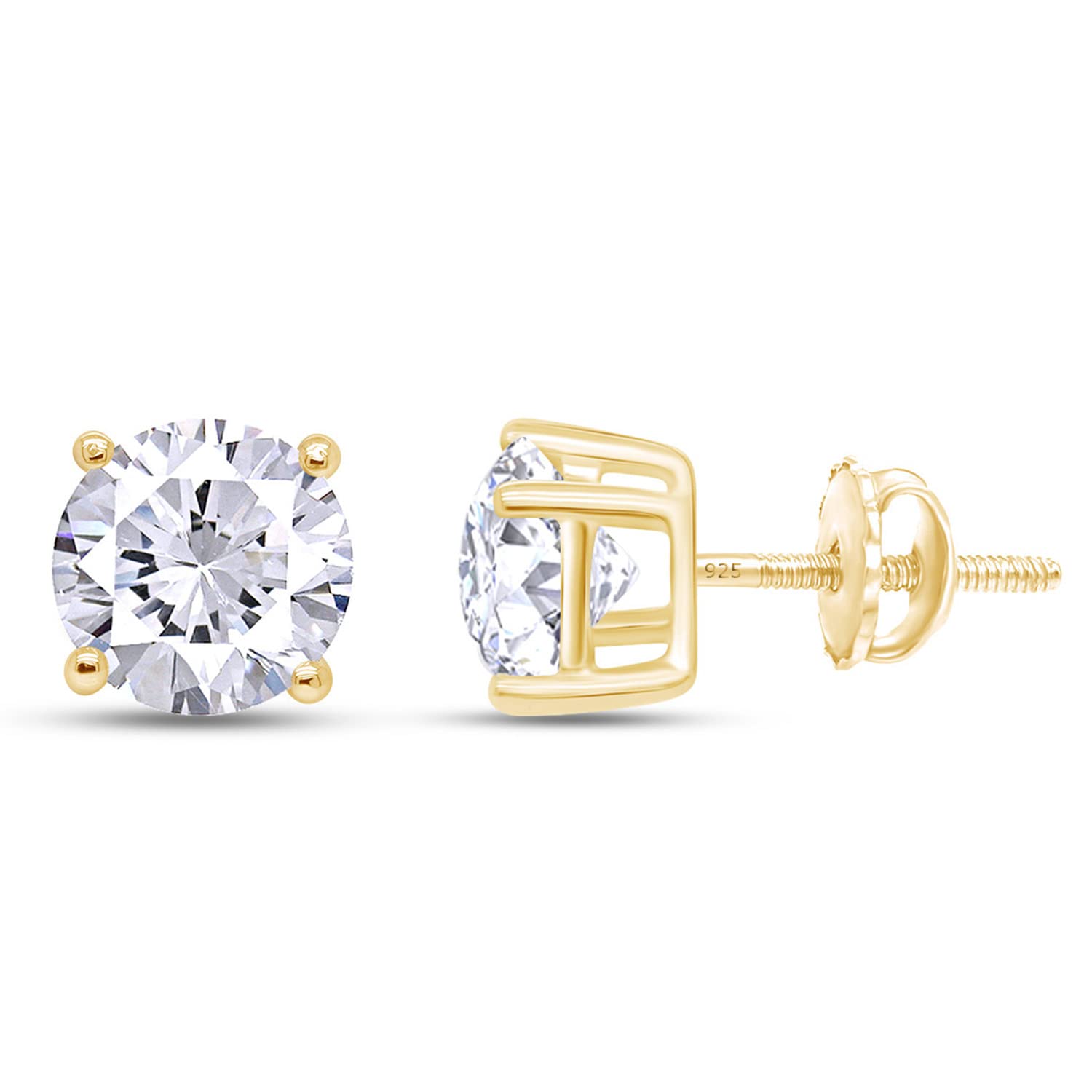 SAVEARTH DIAMONDS 4 Carat Round Cut Lab Created Moissanite Diamond 4-Prong Solitaire Screw Back Stud Earrings In 18K Yellow Gold Over Sterling Silver (D Color, VVS1 Clarity, 4.00 Cttw)