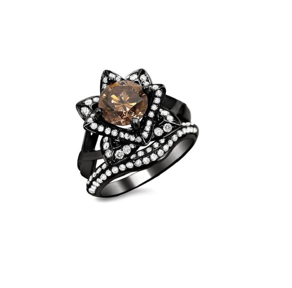 Beautiful 2Ct Round Cut Created Chocolate Diamond 925 Sterling Silver Lotus Flower Engagement Ring Set 14k Black Gold Plated For Women's