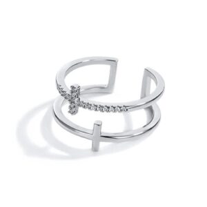 women's silver double cross ring, zircon open ring, wide ring, party ring 2