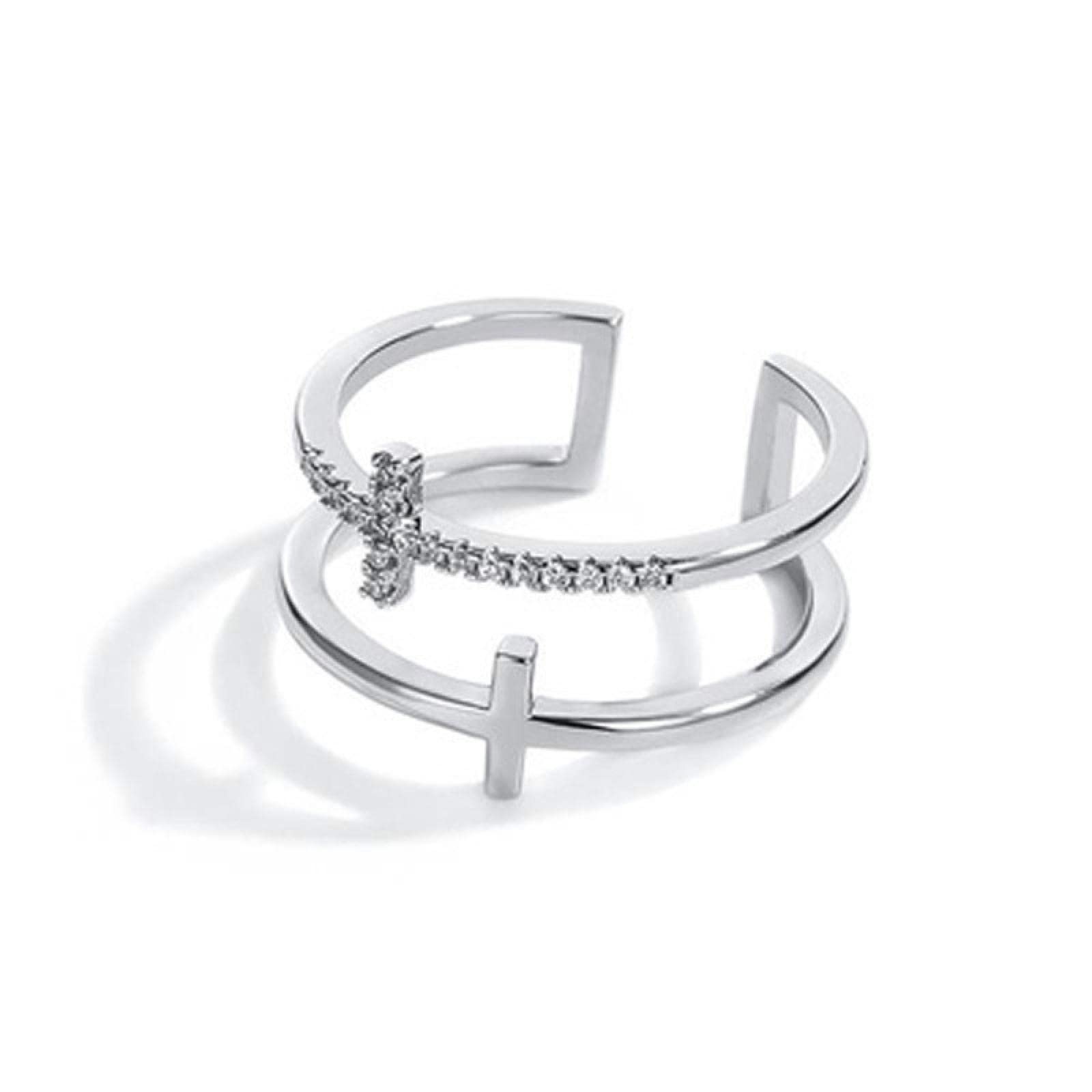 Women'S Silver Double Cross Ring, Zircon Open Ring, Wide Ring, Party Ring 2