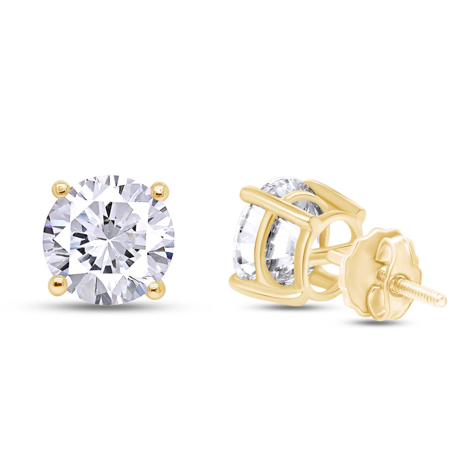 SAVEARTH DIAMONDS 4 Carat Round Cut Lab Created Moissanite Diamond 4-Prong Solitaire Screw Back Stud Earrings In 18K Yellow Gold Over Sterling Silver (D Color, VVS1 Clarity, 4.00 Cttw)