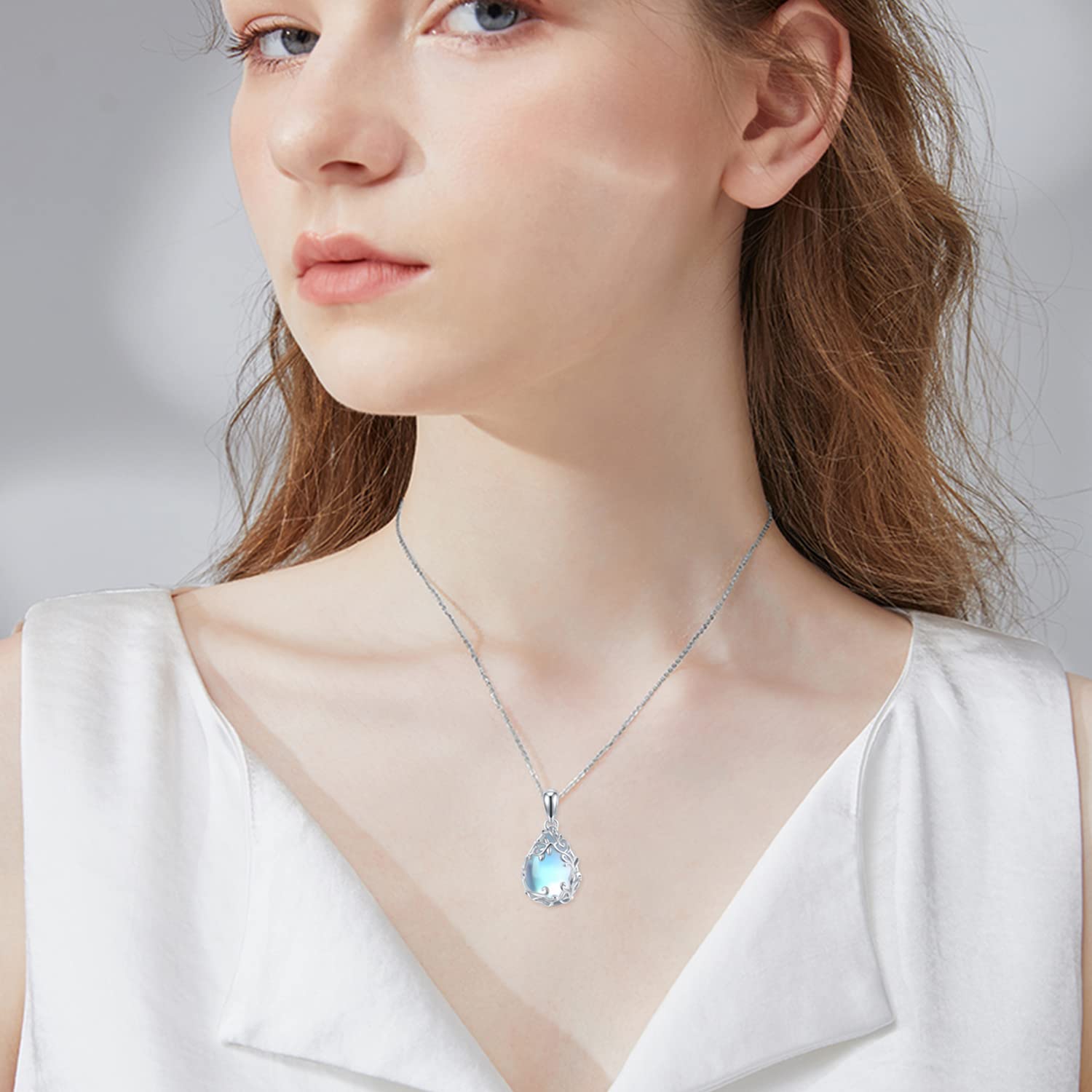 SVODEA Teardrop Moonstone Necklace for Women,925 Sterling Silver Created Water-Shaped Moonstone Cage Filigree Necklaces, Gold Plated, Moonstone