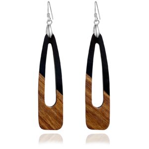 Fiklon Wood Earrings for Women, Wooden Earrings Dangle Brown Black Round Geometric Simple Lightweight Resin Drop Statement Earrings (A-Long Dangle-Black)