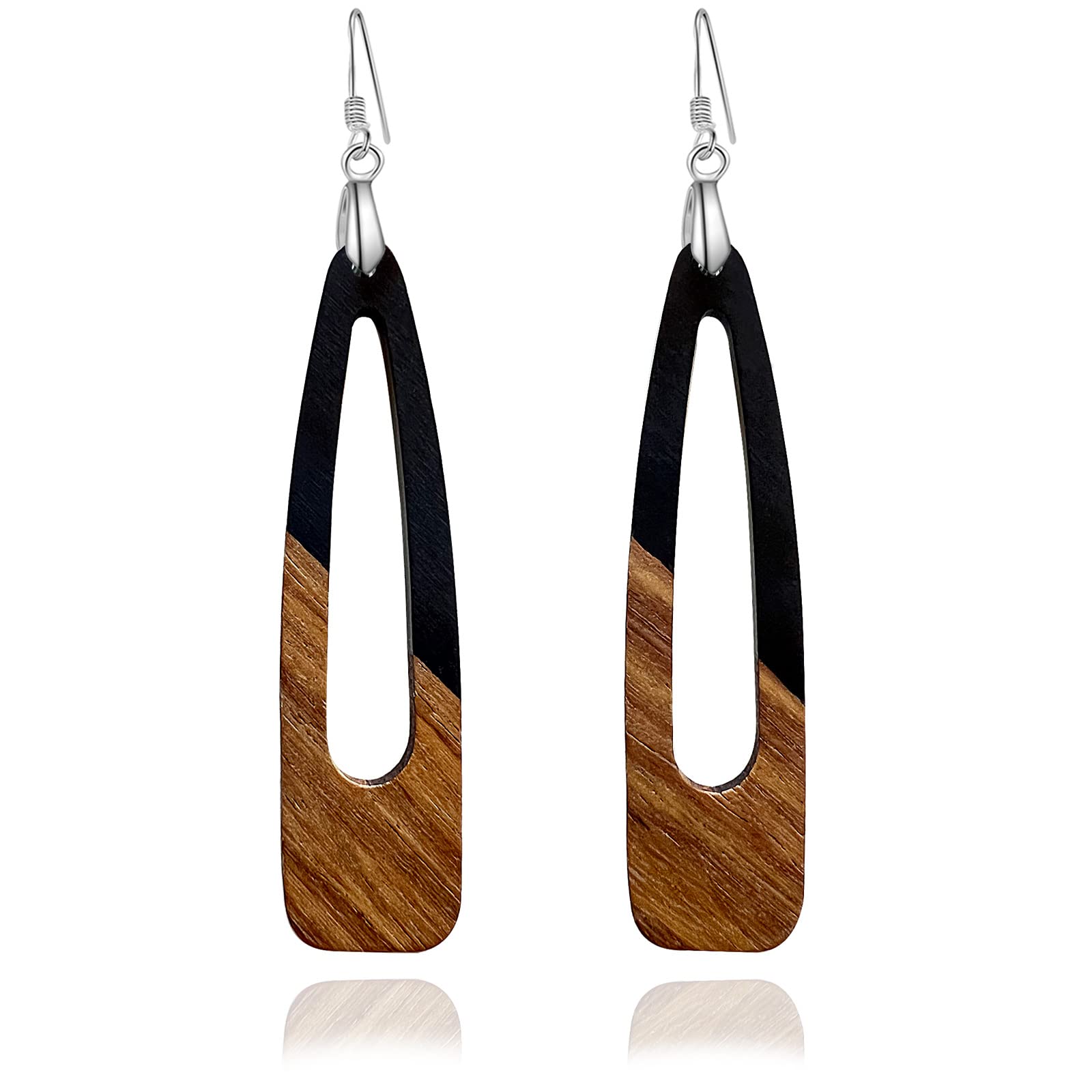 Fiklon Wood Earrings for Women, Wooden Earrings Dangle Brown Black Round Geometric Simple Lightweight Resin Drop Statement Earrings (A-Long Dangle-Black)