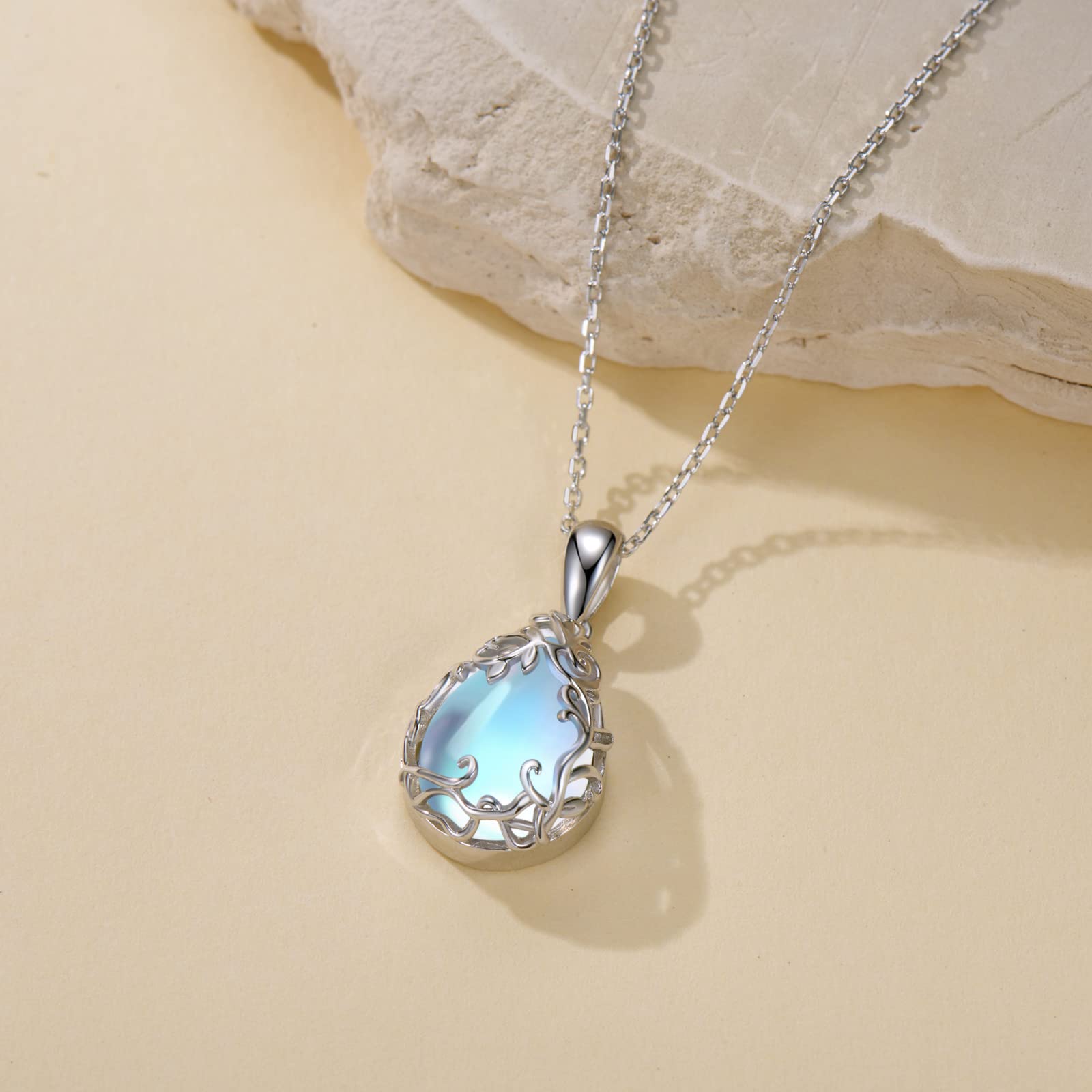 SVODEA Teardrop Moonstone Necklace for Women,925 Sterling Silver Created Water-Shaped Moonstone Cage Filigree Necklaces, Gold Plated, Moonstone