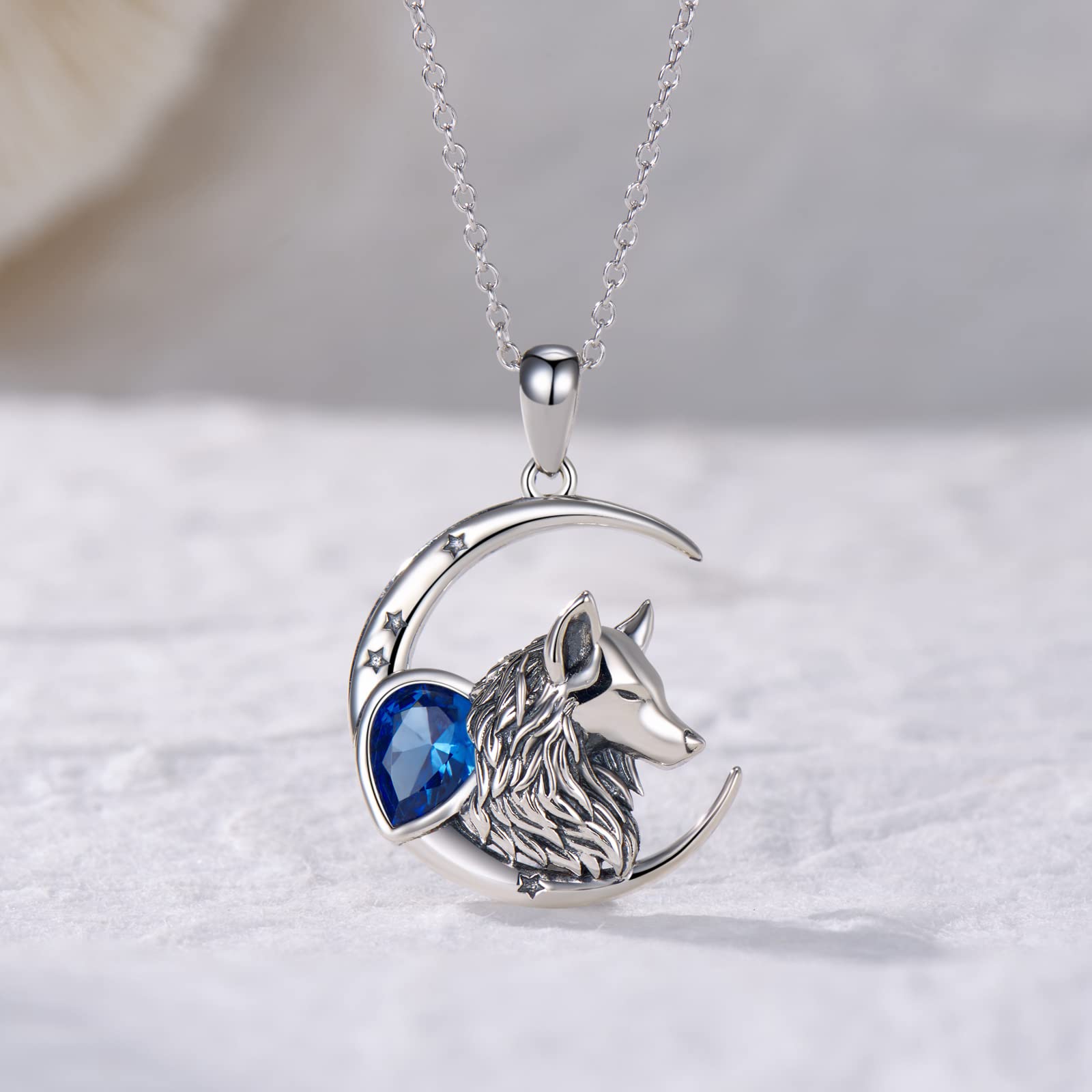 SVODEA Crescent Moon Star Necklace for Women,925 Sterling Silver Created Blue Cubic Zirconia Wolf Pendant Necklaces,Animal Wolf Jewelry Gifts for Women