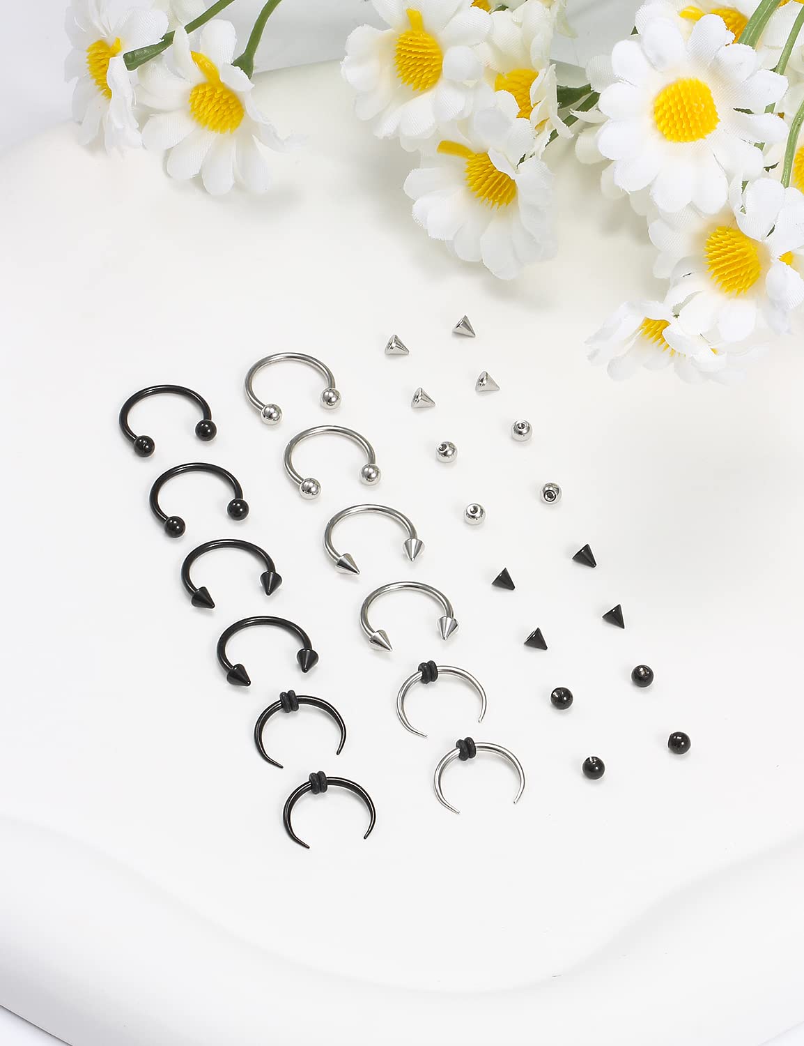 Ovxznts 16G Surgical Steel Septum Rings Nose Septum Horseshoe Hoop Lip Smiley Piercing Jewelry Eyebrow Ring Daith Earrings Replacement Ball and Spikes Set