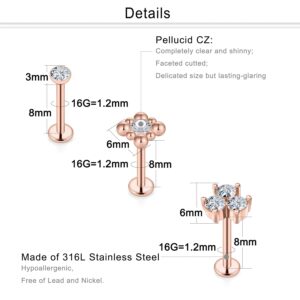 Dyknasz 16G Tragus Piecing Jewelry Flat Back Earrings for Women Surgical Stainless Steel Medusa Labret Monroe Lip Ring Studs Cartilage Helix Conch Earring Stud Rose Gold