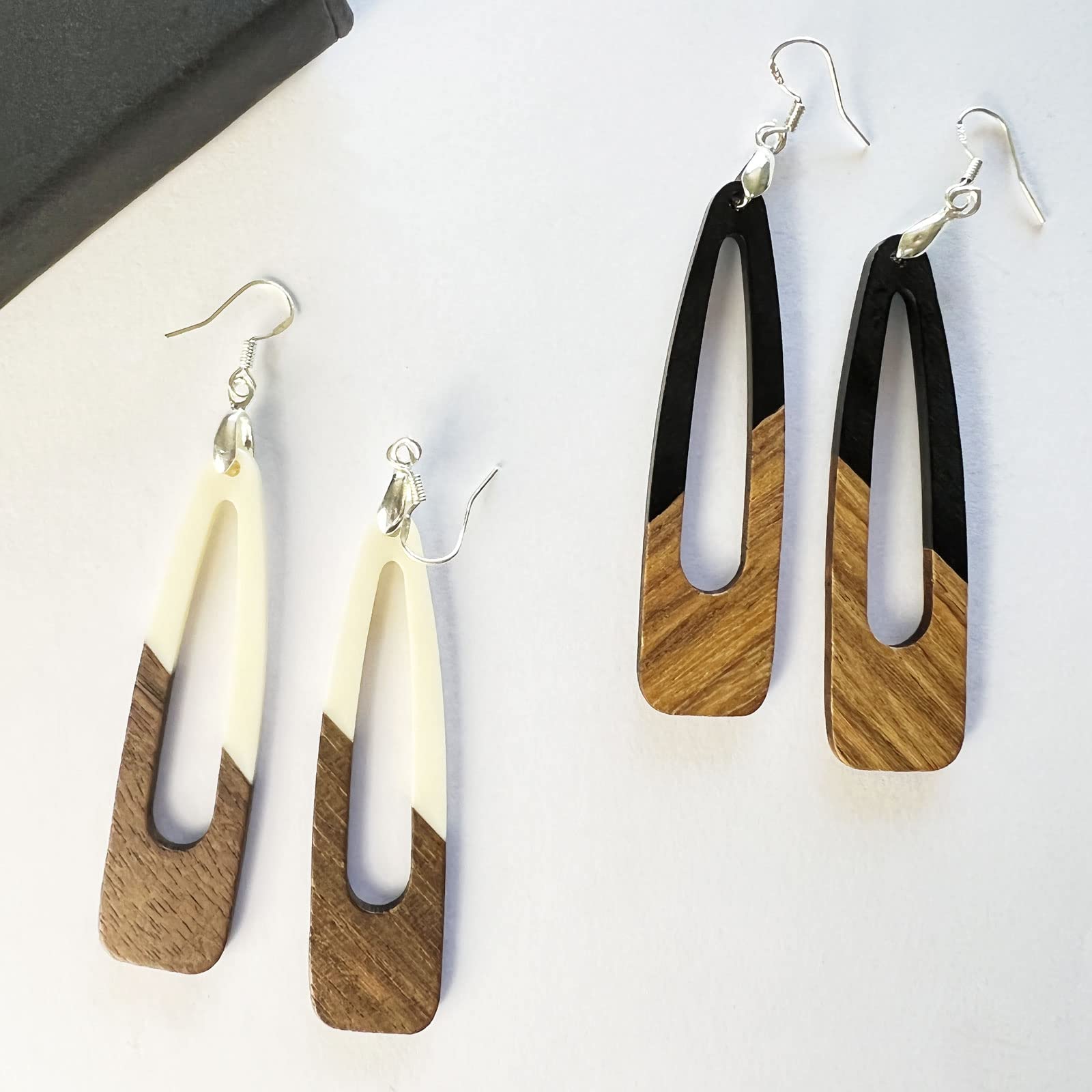 Fiklon Wood Earrings for Women, Wooden Earrings Dangle Brown Black Round Geometric Simple Lightweight Resin Drop Statement Earrings (A-Long Dangle-Black)