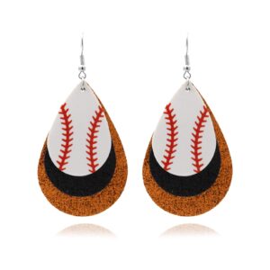 Fusamk Baseball Faux Leather Earrings Lightweight Teardrop Earrings Sequin Dangle Earrings(Black Orange)