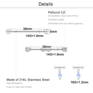 Dyknasz 14G Stainless Steel Industrial Earrings with Chain Dangle Industrial Piercing Jewelry Double Cartilage Forward Helix Earring Industrial Barbell for Women Men