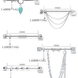 Goerhsjie Industrial Piercing Jewelry 14g Industrial Chain Earrings for Women 14 Gauge Long Industrial Bar Piercing Cute Silver Surgical Steel Industrial Barbell