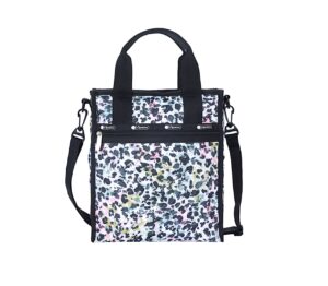 lesportsac charming cheetah small north/south tote crossbody + top handle handbag, style 3538/color e446, watercolor inspired interpretive cheetah design, abstract colorful iridescent pearlized sheen