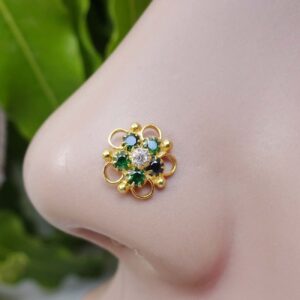 Emerald Nose Stud Crock Screw Flower Ring Gold Unique Indian Piercing CZ Simulated Diamond Jewelry, Green,White,Emerald