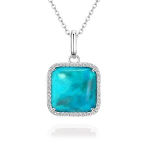 Jupiter Natural Turquoise Necklace for Women, Rhodium Plated 13MM Gemstone Turquoise Pendant with Zirconia, Genuine Turquoise Birthstone Necklace Gifts for Valentine's Day, Mother's Day, Birthday