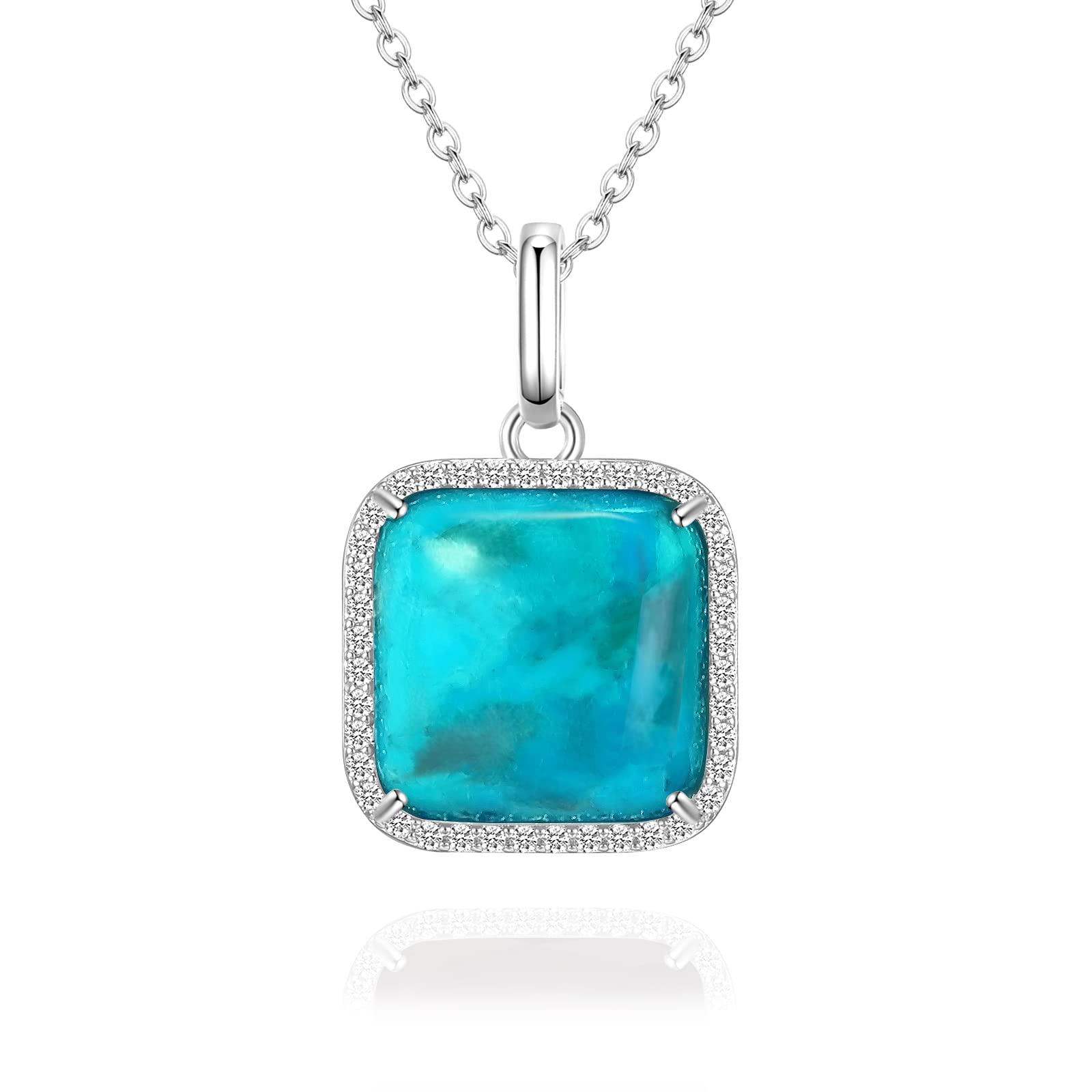 Jupiter Natural Turquoise Necklace for Women, Rhodium Plated 13MM Gemstone Turquoise Pendant with Zirconia, Genuine Turquoise Birthstone Necklace Gifts for Valentine's Day, Mother's Day, Birthday