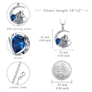 SVODEA Crescent Moon Star Necklace for Women,925 Sterling Silver Created Blue Cubic Zirconia Wolf Pendant Necklaces,Animal Wolf Jewelry Gifts for Women