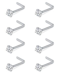 fectas 3mm cz top l shape nose studs ring 18g 20g surgical steel 1.5mm 2mm 2.5mm clear cz silver for women men girls nostril piercing jewerly