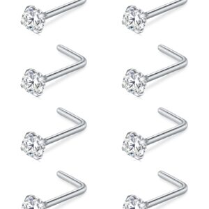 FECTAS 3mm CZ Top L Shape Nose Studs Ring 18G 20G Surgical Steel 1.5mm 2mm 2.5mm Clear CZ Silver for Women Men Girls Nostril Piercing Jewerly