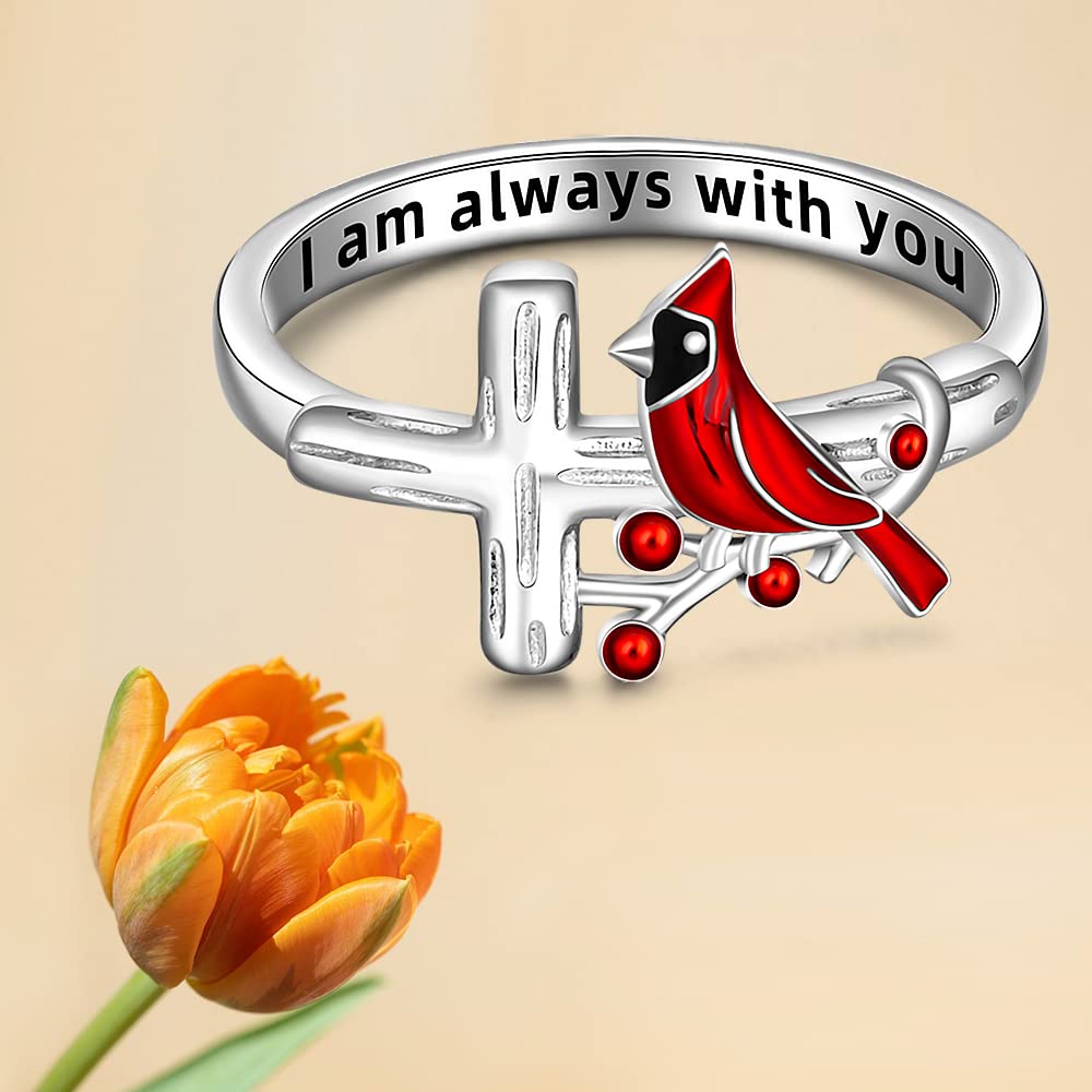 Cardinal Ring Cardinal Appear When Angels Are Near Cross Red Bird Spiritual Rings for Women Sterling Silver Memorial Gifts for Loss of Loved One Size 6