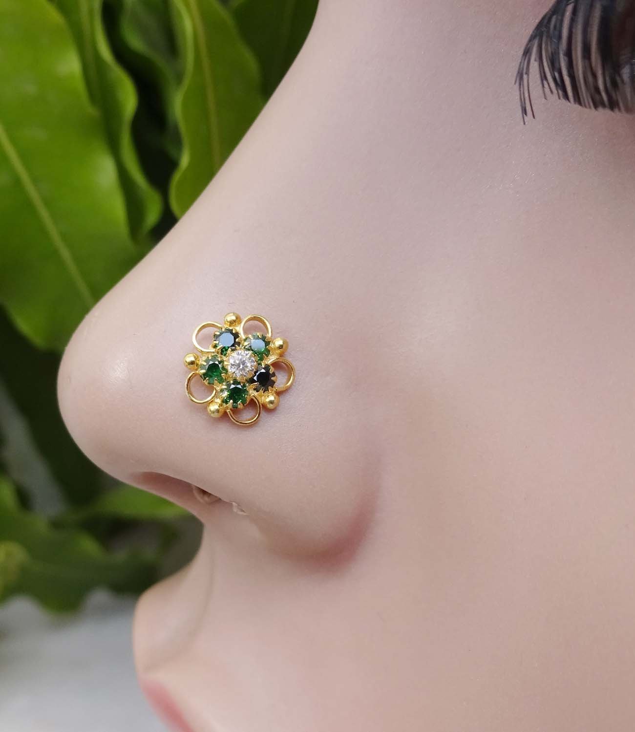 Emerald Nose Stud Crock Screw Flower Ring Gold Unique Indian Piercing CZ Simulated Diamond Jewelry, Green,White,Emerald