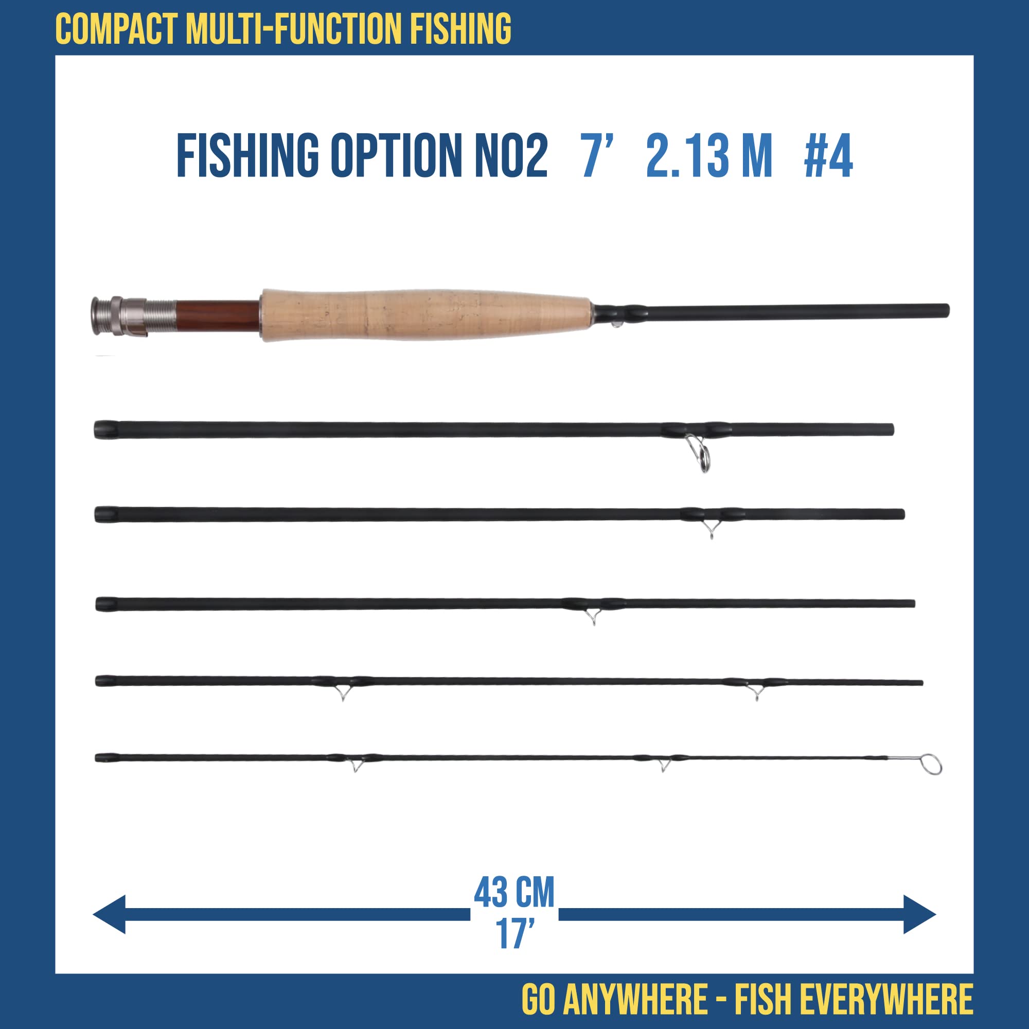 Rigged and Ready 2-in-1 Fly Fishing Travel Rod. 2 Rods. 9ft 273cm #6 7ft 213cm and #4 Fishing Rod Options 2 Handle Combination. Toray Carbon-8 Sections. Tube 18’ 45cm