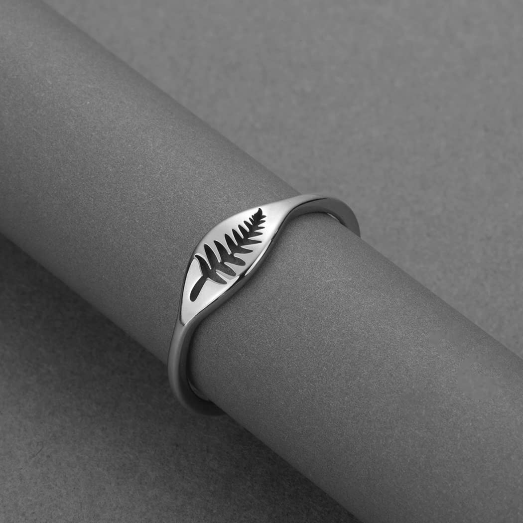 QIAMNI Fashion Stainless Steel Nature Fern Leaf Ring For Women Woodland Jewelry Plants Leaves Finger Rings Wedding Gifts (SILVER)