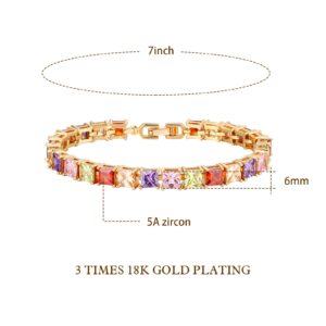 Esbbela Tennis Bracelet for Women Colorful Square Cubic Zirconia 5mm Artificial Diamond Rainbow Tennis Bracelet | 14K Gold Size 7 inch