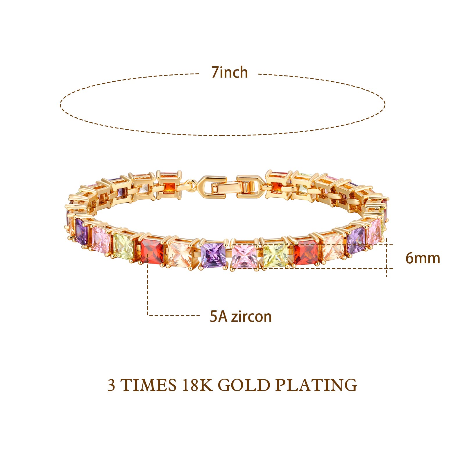 Esbbela Tennis Bracelet for Women Colorful Square Cubic Zirconia 5mm Artificial Diamond Rainbow Tennis Bracelet | 14K Gold Size 7 inch