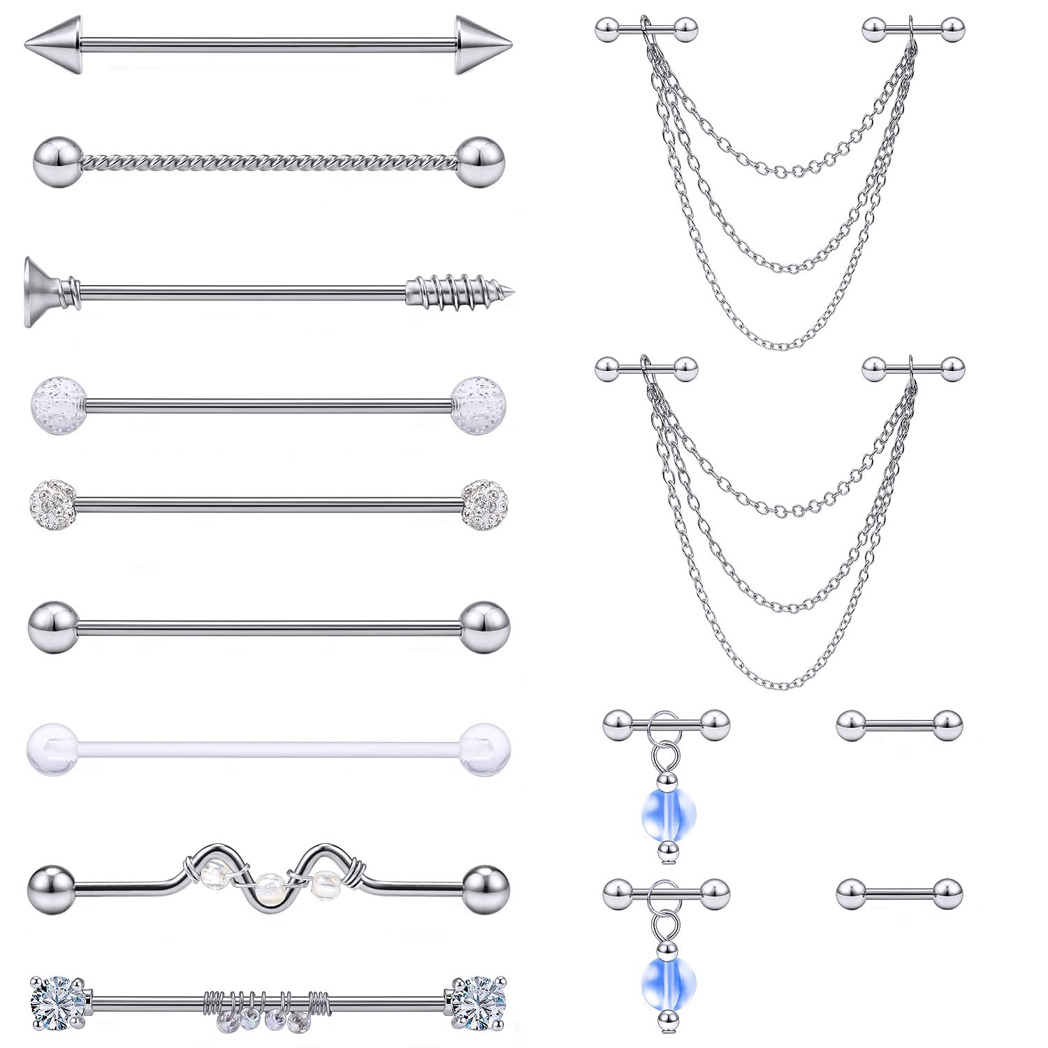 Dyknasz 14G Stainless Steel Industrial Earrings with Chain Dangle Industrial Piercing Jewelry Double Cartilage Forward Helix Earring Industrial Barbell for Women Men