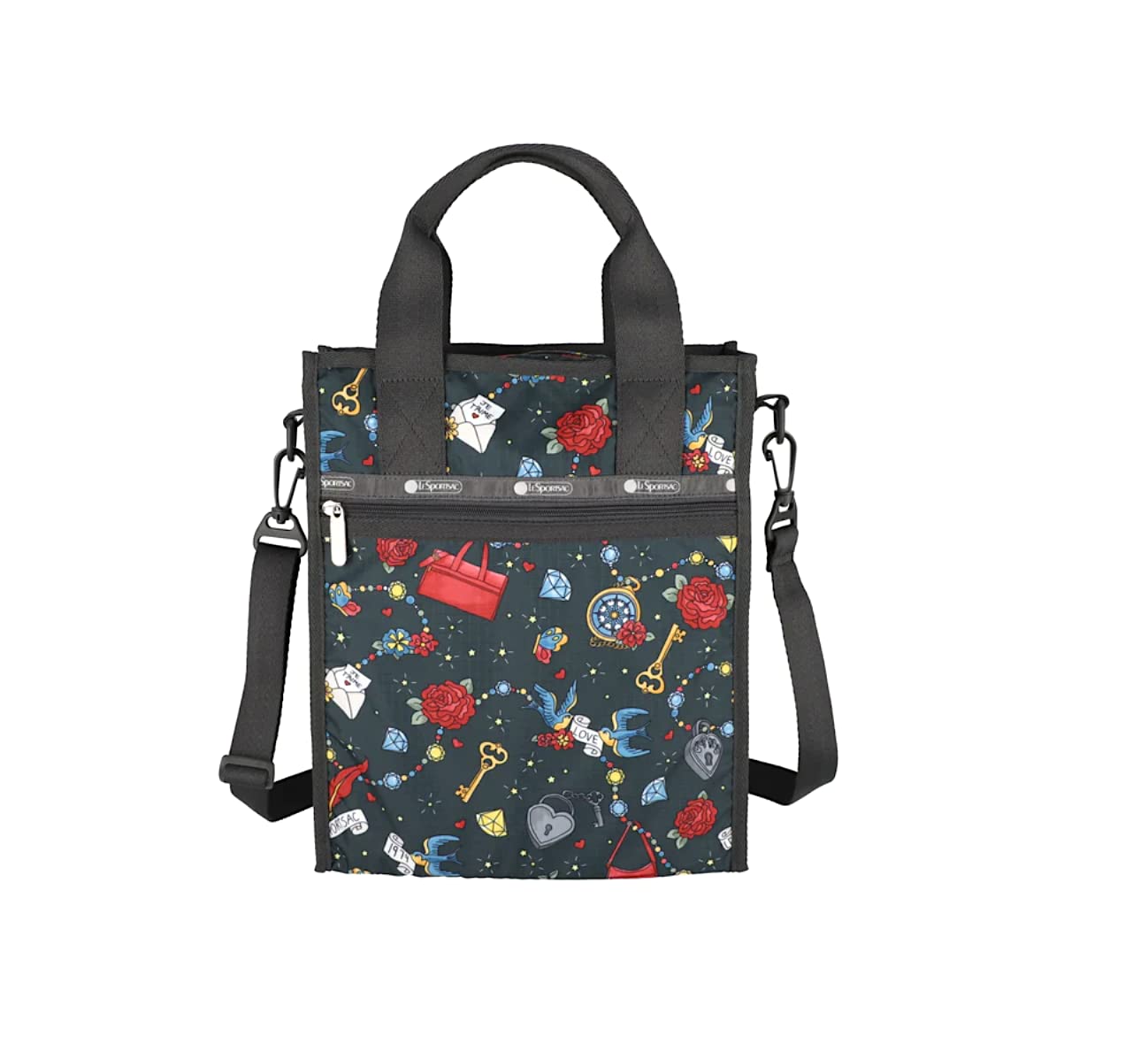 LeSportsac Keepsake Memory Small North/South Tote Crossbody + Top Handle Handbag, Style 3538/Color E465, Whimsical Hearts, Handbags, Flowers & Jewels, Celebrate 1974 Iconic Debut