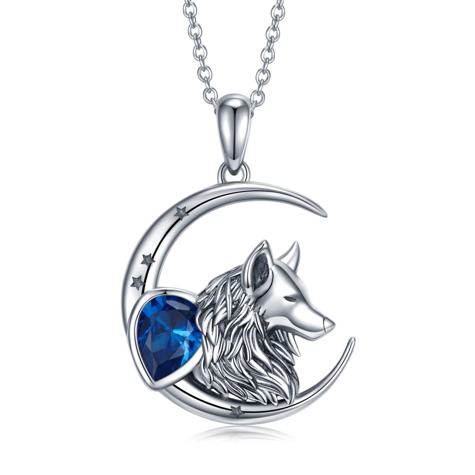 SVODEA Crescent Moon Star Necklace for Women,925 Sterling Silver Created Blue Cubic Zirconia Wolf Pendant Necklaces,Animal Wolf Jewelry Gifts for Women