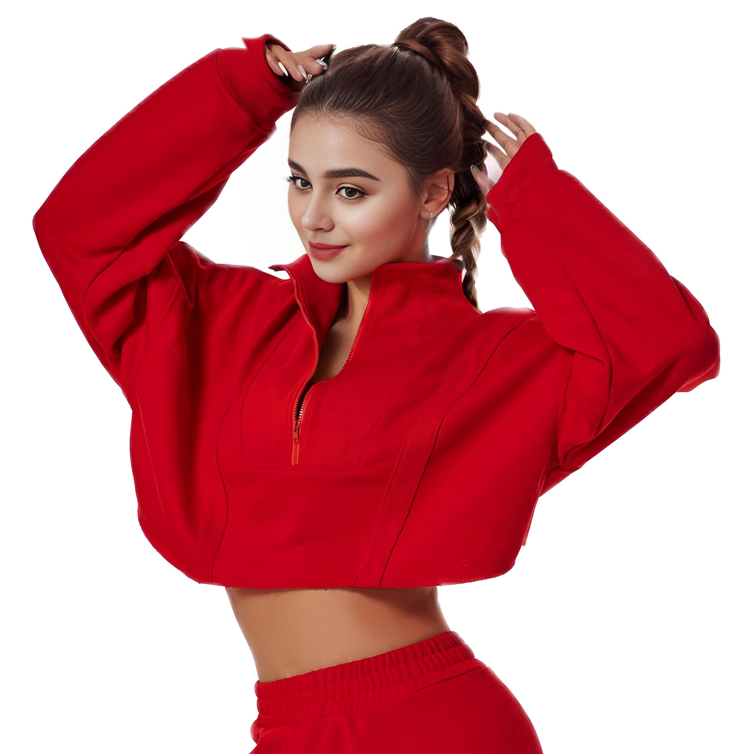 HerGymClothing Womens Cropped Sweatshirt Long Sleeve Half Zip Loose Workout Crop Athletic Jacket (Lava Red, M)