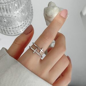 Women'S Silver Double Cross Ring, Zircon Open Ring, Wide Ring, Party Ring 2