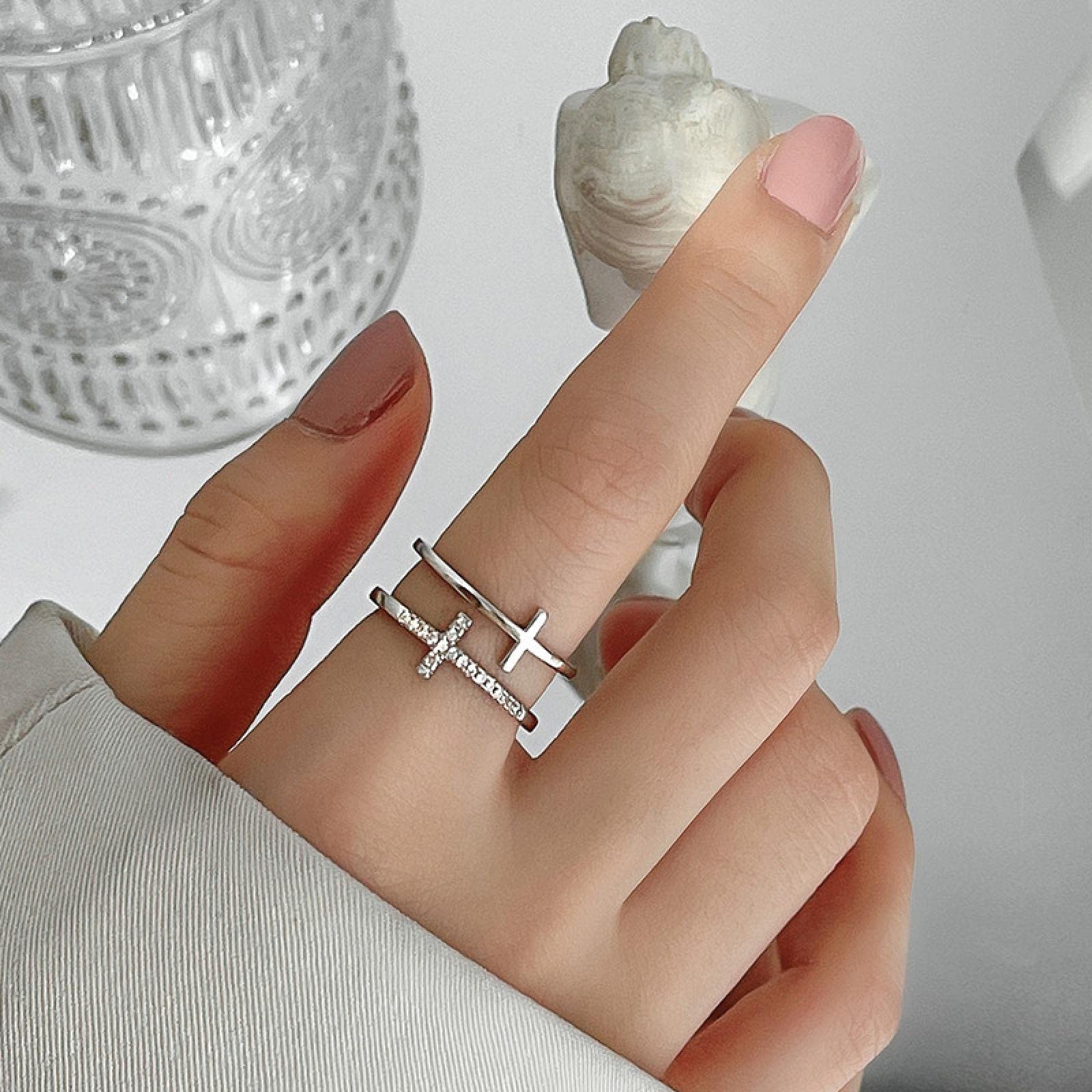 Women'S Silver Double Cross Ring, Zircon Open Ring, Wide Ring, Party Ring 2