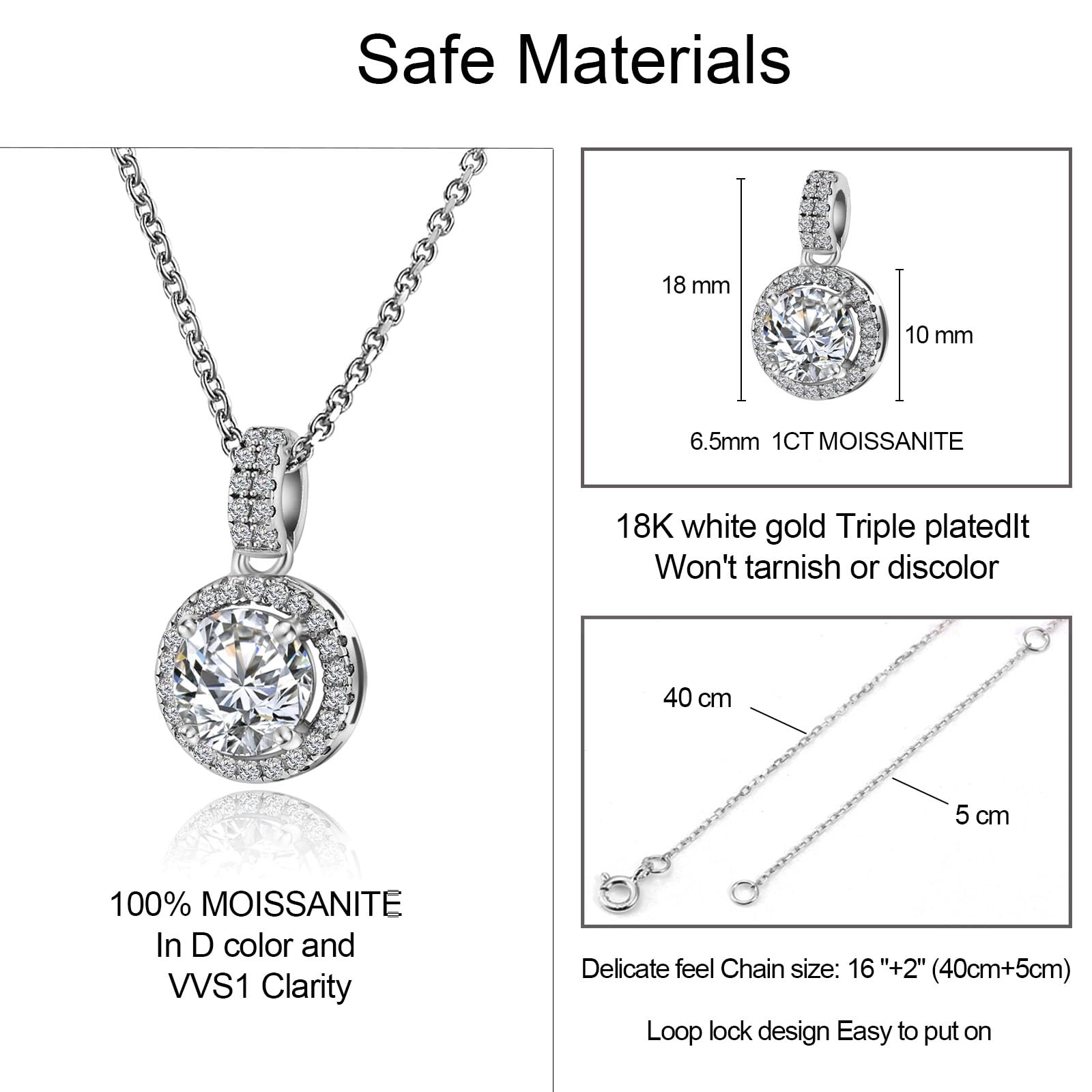 ZYI Moissanite necklaces for women Lab Created Diamond Round Moissanite Pendant Solitaire Necklace Chain Adjustable 18K White Gold Plated Sterling Silver Necklace Gift for Mother Wife