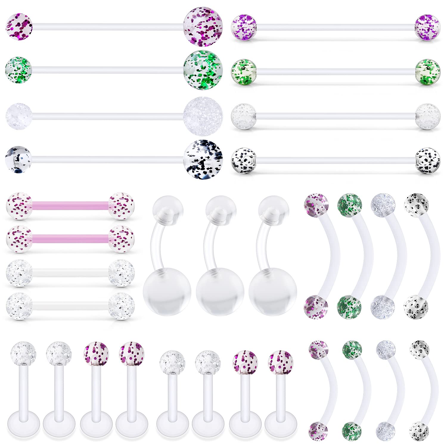 Hoeudjo 31pcs Plastic Piercing Retainer Pregnancy Belly Button Rings Bioflex Tongue Nipple Rings For Surgery Eyebrow Lip Studs Tragus Earring Industrial Bar Piercing Jewelry for Work Sports MRI