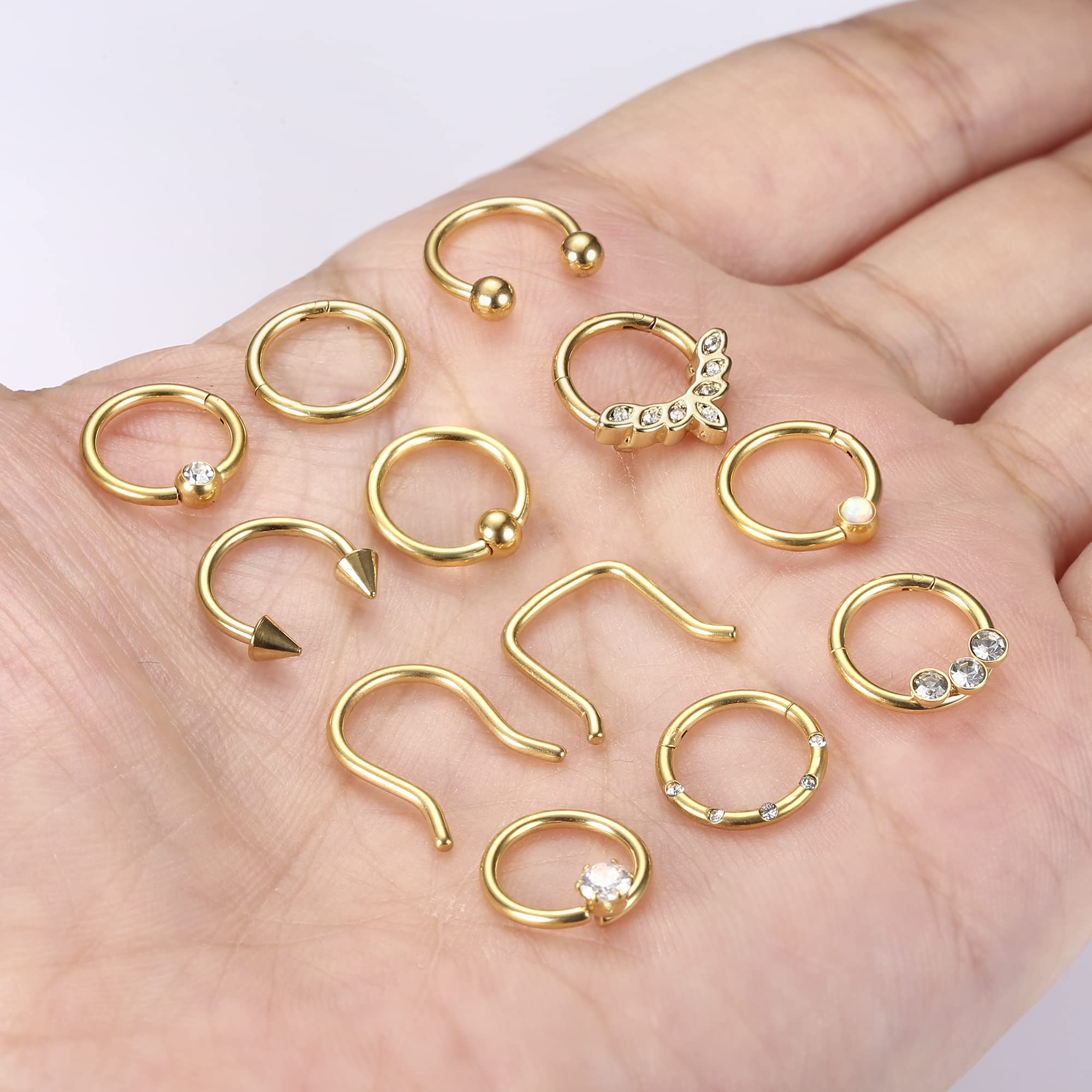 YADOCA 12PCS 16G Septum Rings Surgical Steel Septum Nose Piercing Jewelry Septum Clicker Nose Rings Hoops for Women Men Horseshoe Daith Helix Tragus Lip Cartilage Earrings Gold 10MM