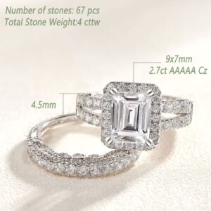 Wuziwen 4 Carat Emerald Cut Sterling Silver Engagement Rings Wedding Ring Set for Women CZ Size 8