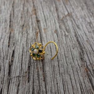 Emerald Nose Stud Crock Screw Flower Ring Gold Unique Indian Piercing CZ Simulated Diamond Jewelry, Green,White,Emerald