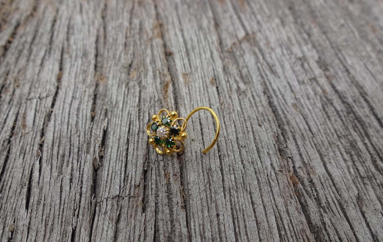 Emerald Nose Stud Crock Screw Flower Ring Gold Unique Indian Piercing CZ Simulated Diamond Jewelry, Green,White,Emerald