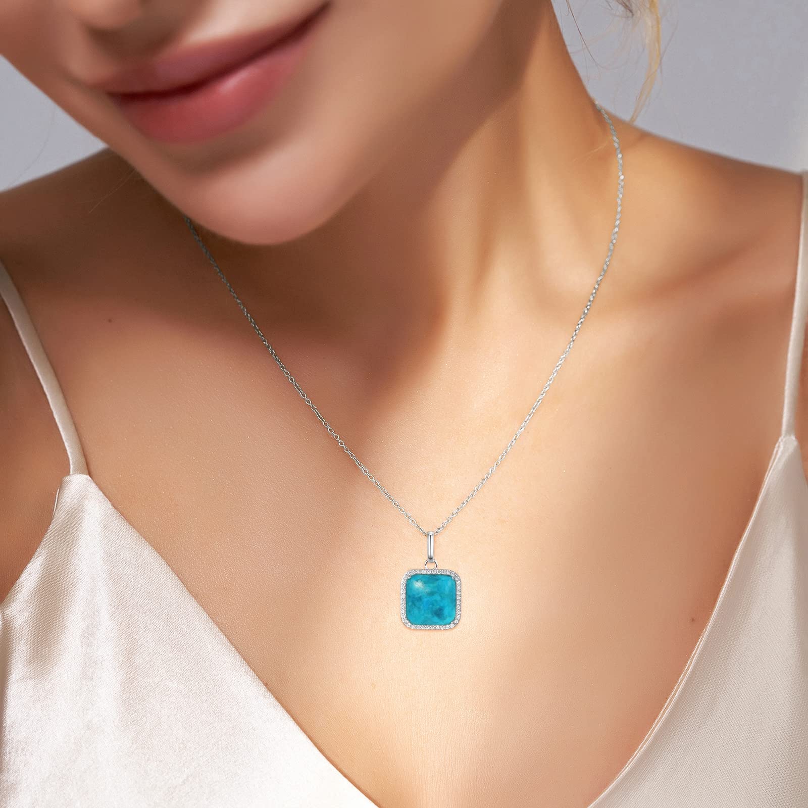 Jupiter Natural Turquoise Necklace for Women, Rhodium Plated 13MM Gemstone Turquoise Pendant with Zirconia, Genuine Turquoise Birthstone Necklace Gifts for Valentine's Day, Mother's Day, Birthday