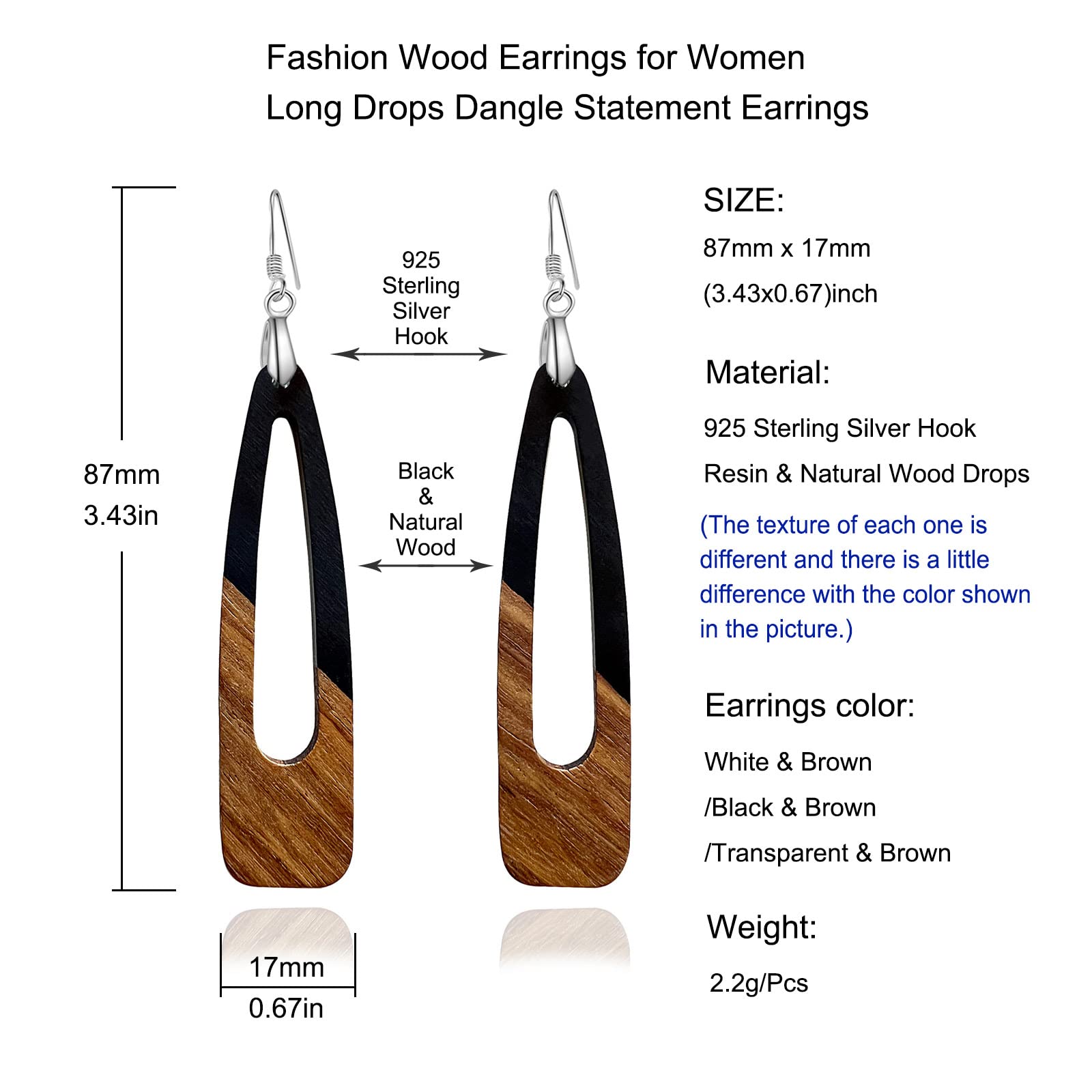 Fiklon Wood Earrings for Women, Wooden Earrings Dangle Brown Black Round Geometric Simple Lightweight Resin Drop Statement Earrings (A-Long Dangle-Black)