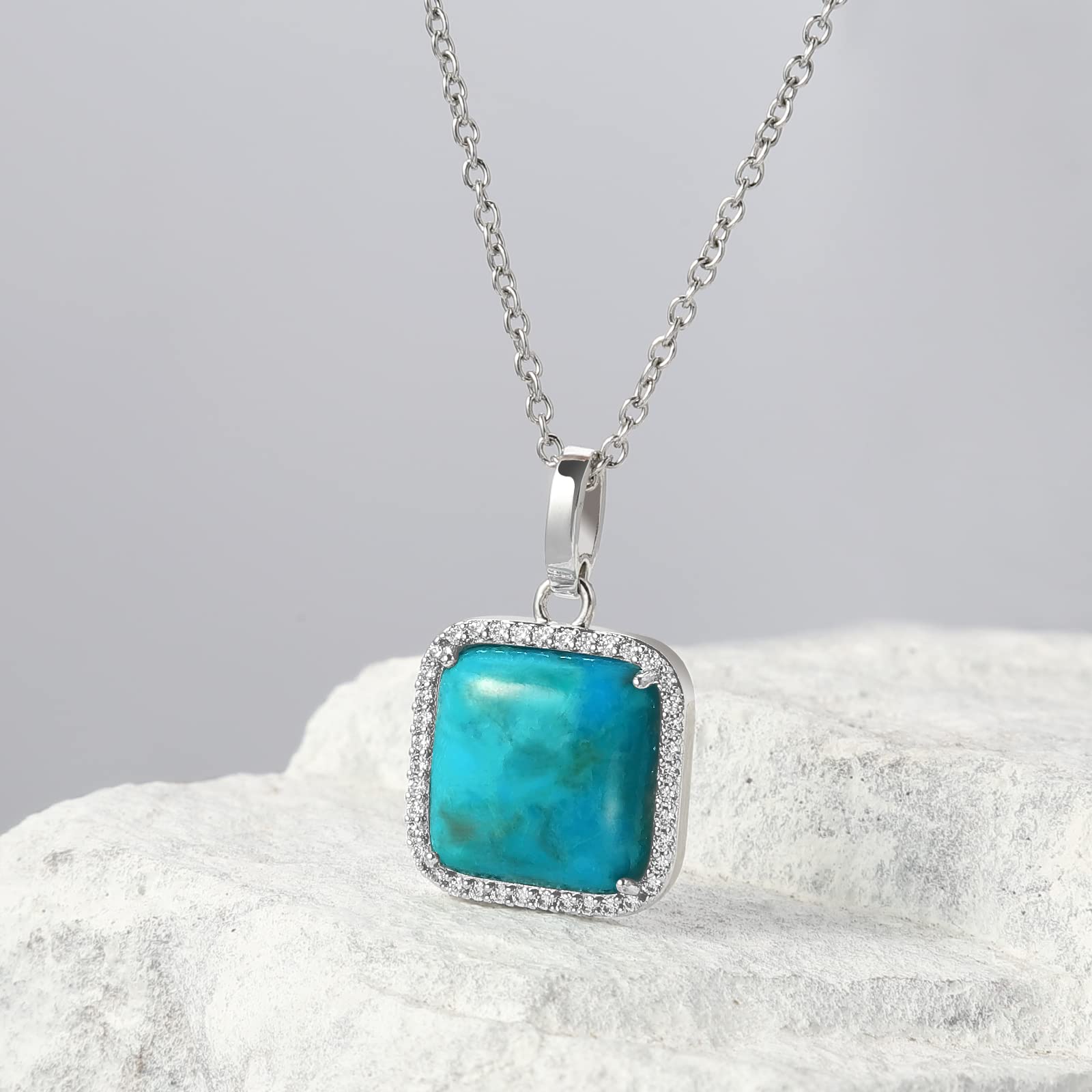 Jupiter Natural Turquoise Necklace for Women, Rhodium Plated 13MM Gemstone Turquoise Pendant with Zirconia, Genuine Turquoise Birthstone Necklace Gifts for Valentine's Day, Mother's Day, Birthday